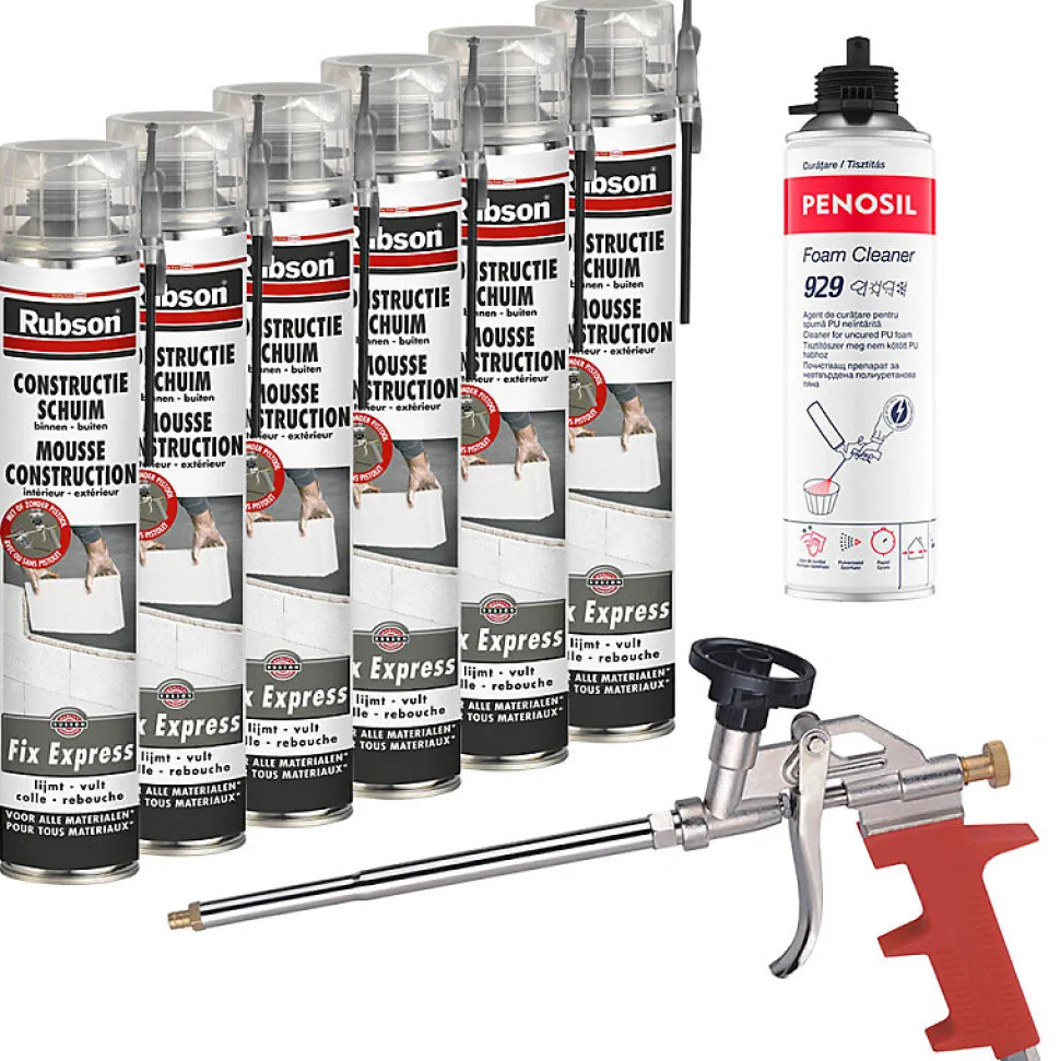 RUBSON Pack 6 Mousses construction 750ml Fix Express + Nettoyant FoamCleaner 929 500ml Penosil + Pistolet