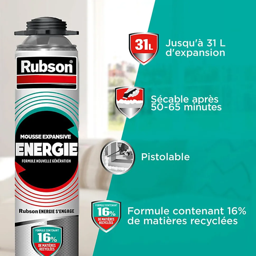 RUBSON Pack de 12 Mousses Expansives Énergie Pistolable Gris 750ml