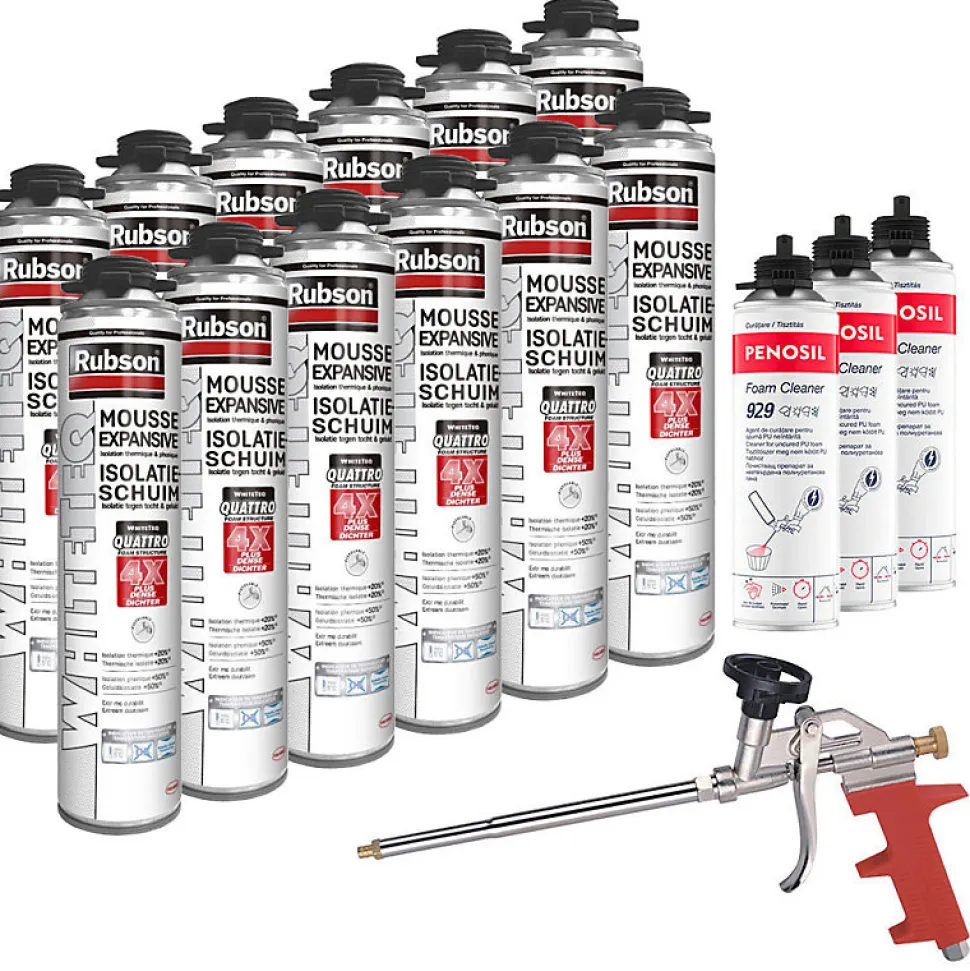 RUBSON Pack de 12 Mousses Expansives WhiteTeq Pistolable 750ml + 3 Nettoyants FoamCleaner 929 500ml Penosil + Pistolet