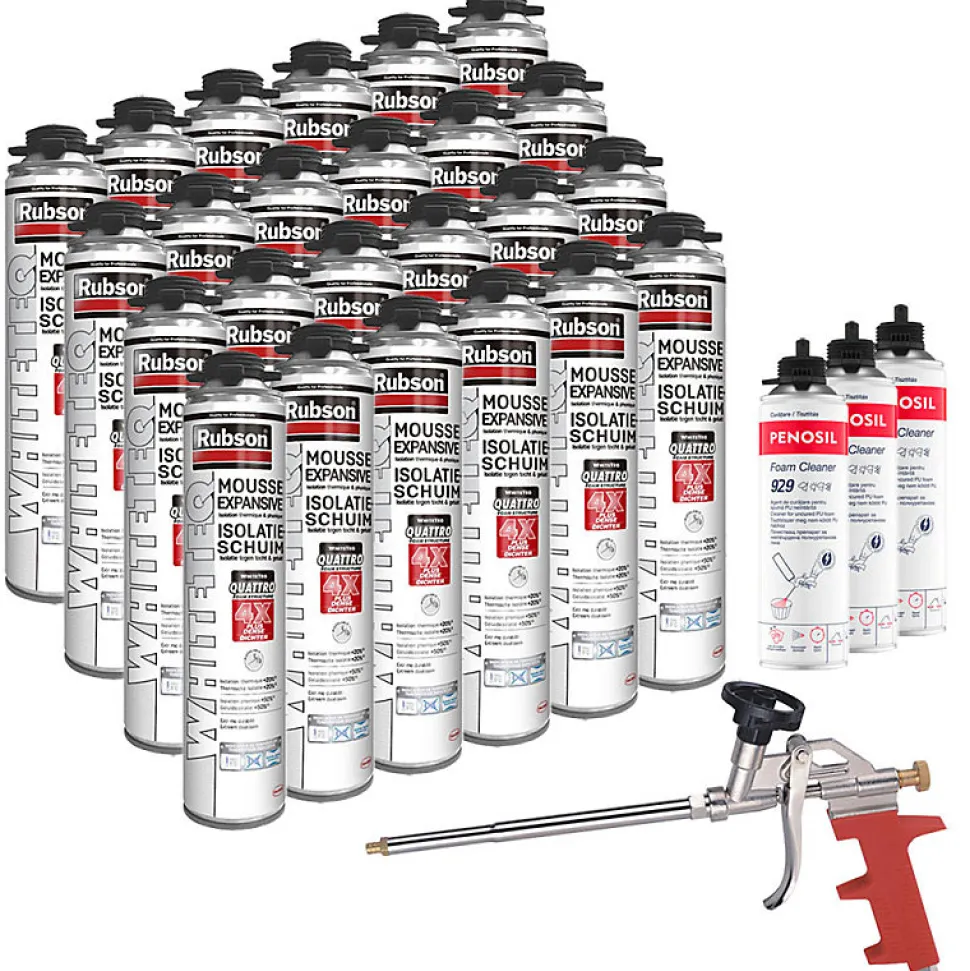 RUBSON Pack de 24 Mousses Expansives WhiteTeq Pistolable 750ml + 3 Nettoyants FoamCleaner 929 500ml Penosil + Pistolet