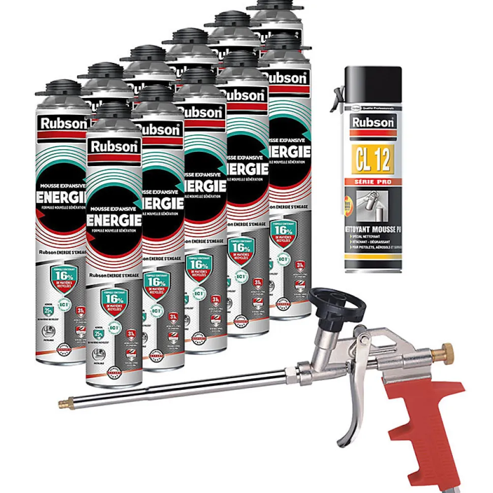 RUBSON Pack de 11 Mousses Expansives Énergie Pistolable Gris 750ml + Nettoyant CL12 + Pistolet