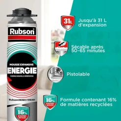 RUBSON Pack de 11 Mousses Expansives Énergie Pistolable Gris 750ml + Nettoyant CL12 + Pistolet