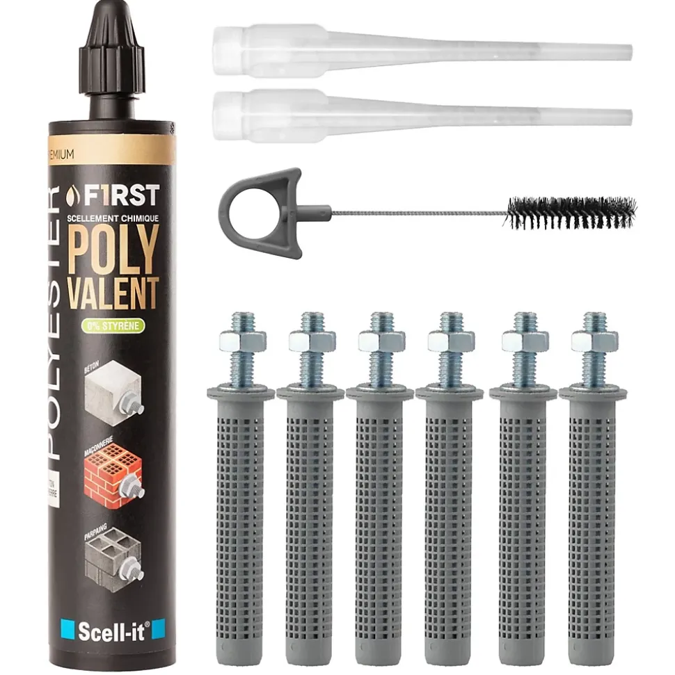 SCELL IT Kit Scellement Chimique FIRST300 300ml Ton béton avec 6 Tamis et Tige Acier M8 et Brosse