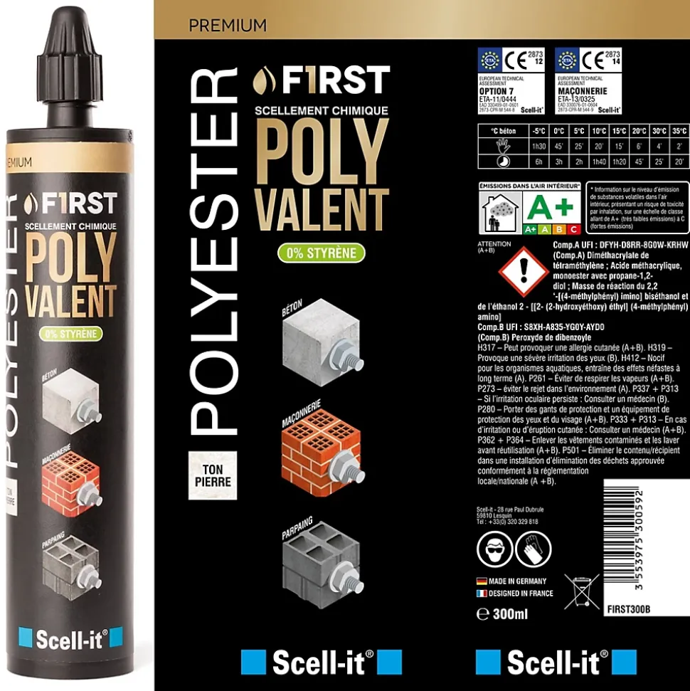 SCELL IT Kit Scellement Chimique FIRST300 300ml Ton béton avec 6 Tamis et Tige Acier M8 et Brosse