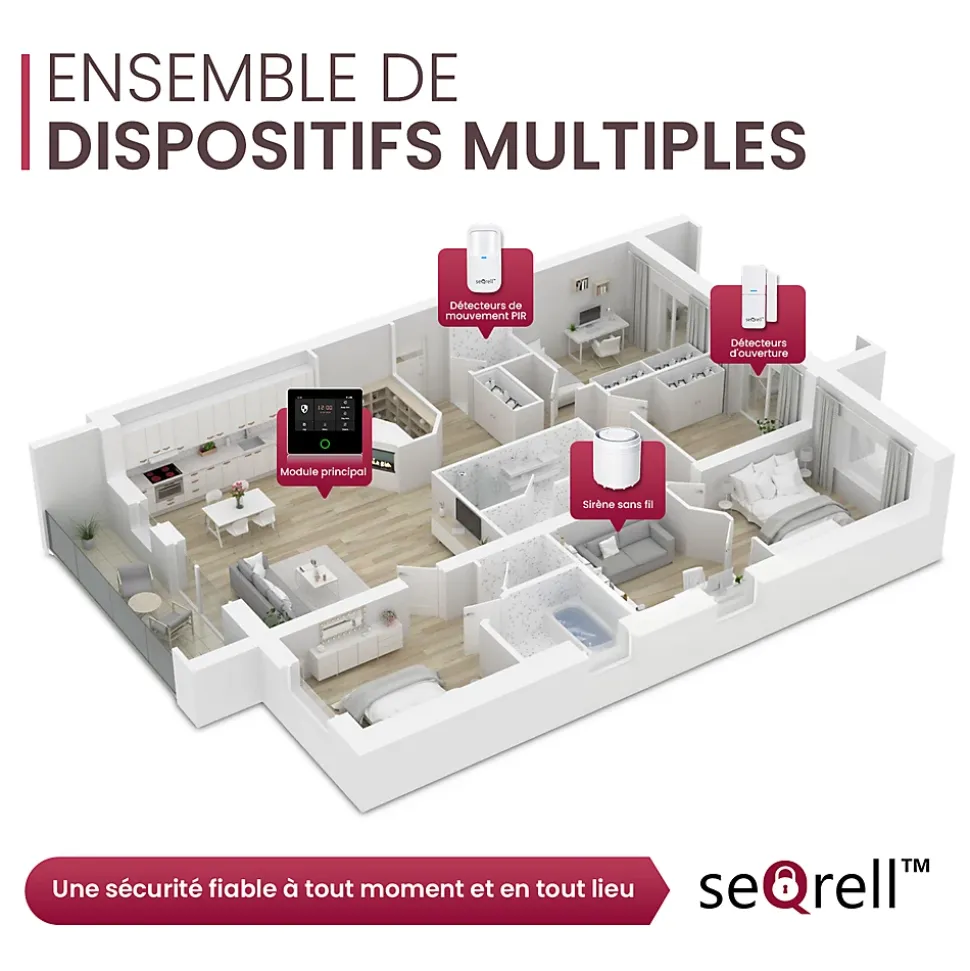 seQrell, Systeme Alarme Maison sans Fil GSM 4G, WLAN avec écran Tactile et Batterie 1500 mAh. Alexa, Application Android et iOS