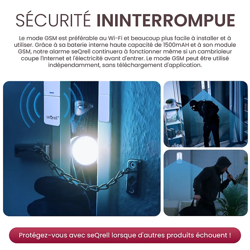 seQrell, Systeme Alarme Maison sans Fil GSM 4G, WLAN avec écran Tactile et Batterie 1500 mAh. Alexa, Application Android et iOS