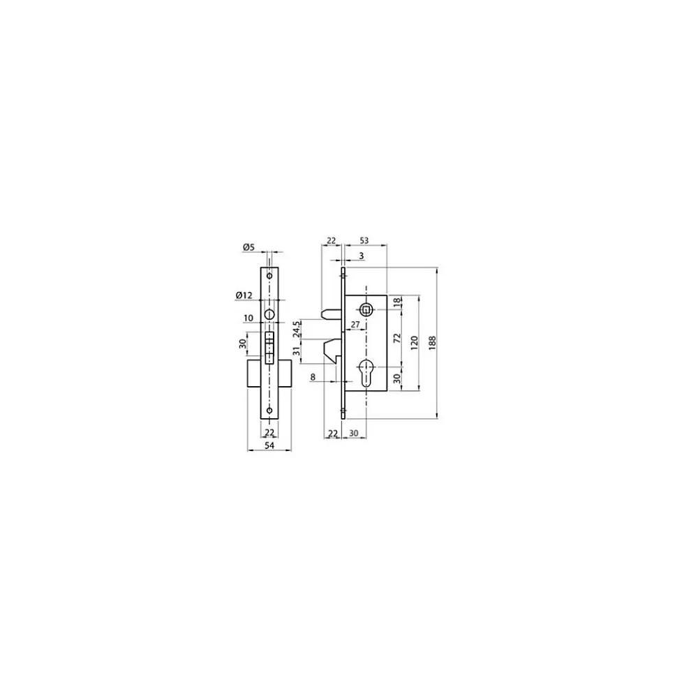 Serrure à crochet axe 30mm pour porte coulissante coffre de 53mm - IBFM - A27005