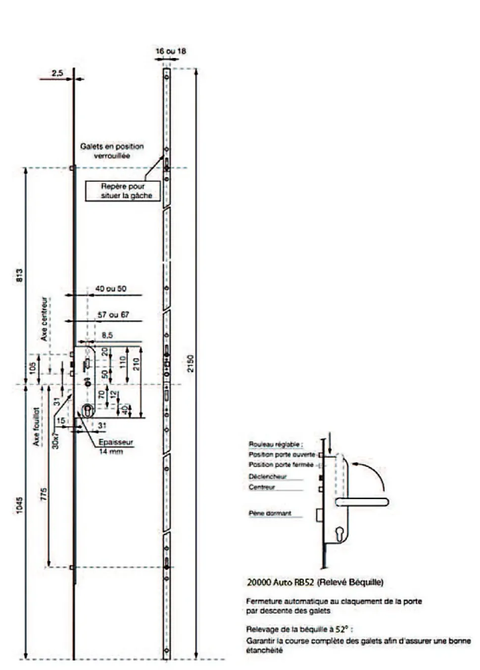 Serrure 4 points série 20215 automatique L2150mm têtière 16mm Axe 40mm sans gâche - VACHETTE - 26766000