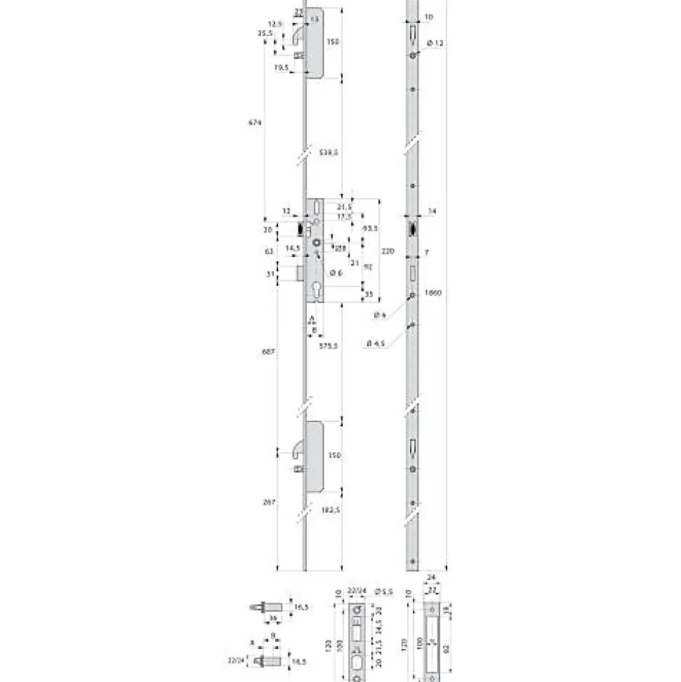 Serrure 3 points TF3 à pêne crochet et pêne dormant de coffre 45mm têtières en U 24x6mm - STREMLER - 6470.45.0B