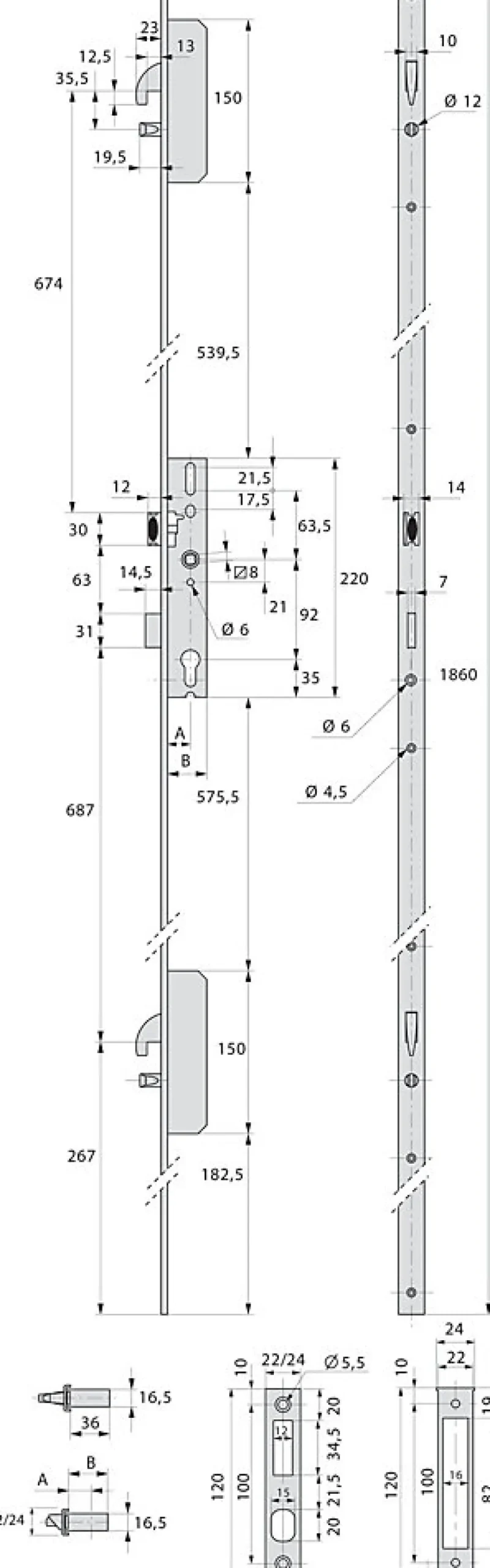 Serrure 3 points TF3 à pêne crochet et pêne dormant de coffre 45mm têtières en U 24x6mm - STREMLER - 6470.45.0B