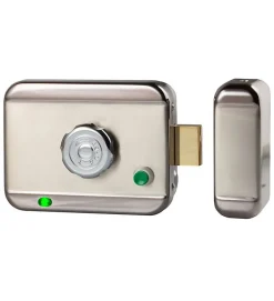 Serrure électrique motorisée en applique pene dormant cylindre rond réversible 12V DOM CE105