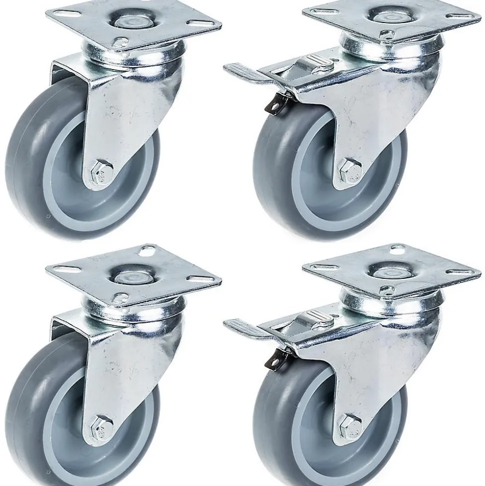 Set de 4 - 75mm GREY RUBBER SWIVEL CASTOR 70Kg (2pc) & 75mm GREY RUBBER BRAKE CA
