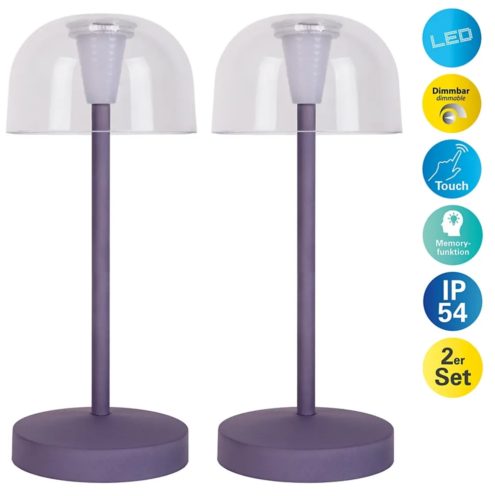Set de 2 lampes de table LED rechargeables Gomba extérieur intérieur métal plastique couleur mûre hauteur 18,5cm