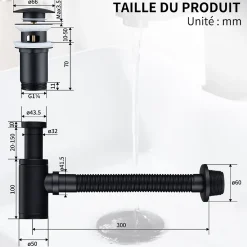 Siphon de Lavabo avec Bonde Pop Up Universel Noir Mat en Acier Inox et Laiton pour Salle de Bain