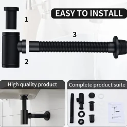 Siphon de Lavabo avec Bonde Pop Up Universel Noir Mat en Acier Inox et Laiton pour Salle de Bain