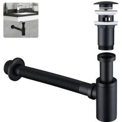 Siphon de Lavabo avec Bonde Pop Up Universel Noir Mat en Acier Inox et Laiton pour Salle de Bain