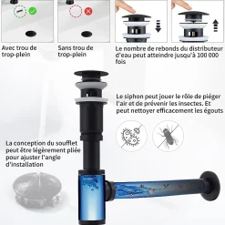 Siphon de Lavabo avec Bonde Pop Up Universel Noir Mat en Acier Inox et Laiton pour Salle de Bain