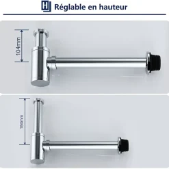 Siphon de Lavabo en Acier Inox Hauteur Reglable Set de Siphon G1 1 4 pour Vasque et Lavabo
