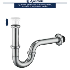 Siphon de Lavabo en Acier Inox Chrome Anti Odeur Tube Courbe en Forme de G Ouverture Quart de Tour pour Lavabo