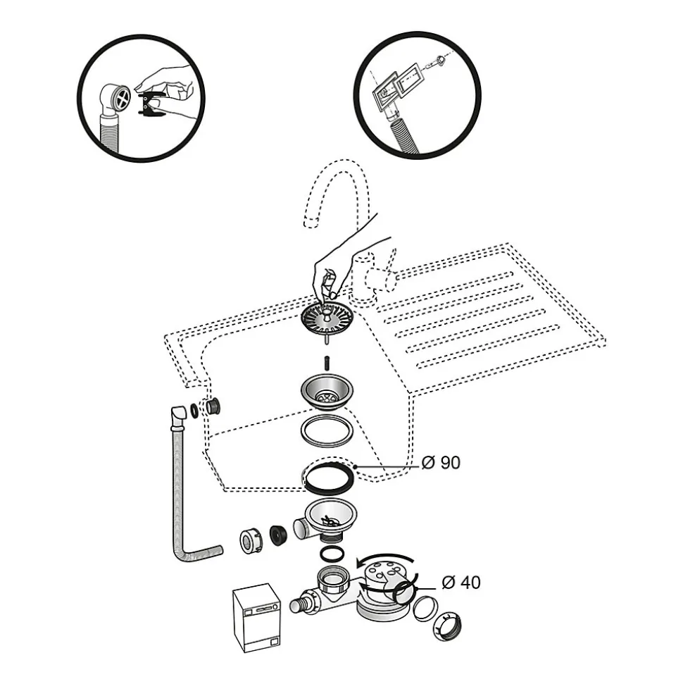 Siphon extra-plat réglable blanc 90mm avec bouchon et trop-plein Wirquin