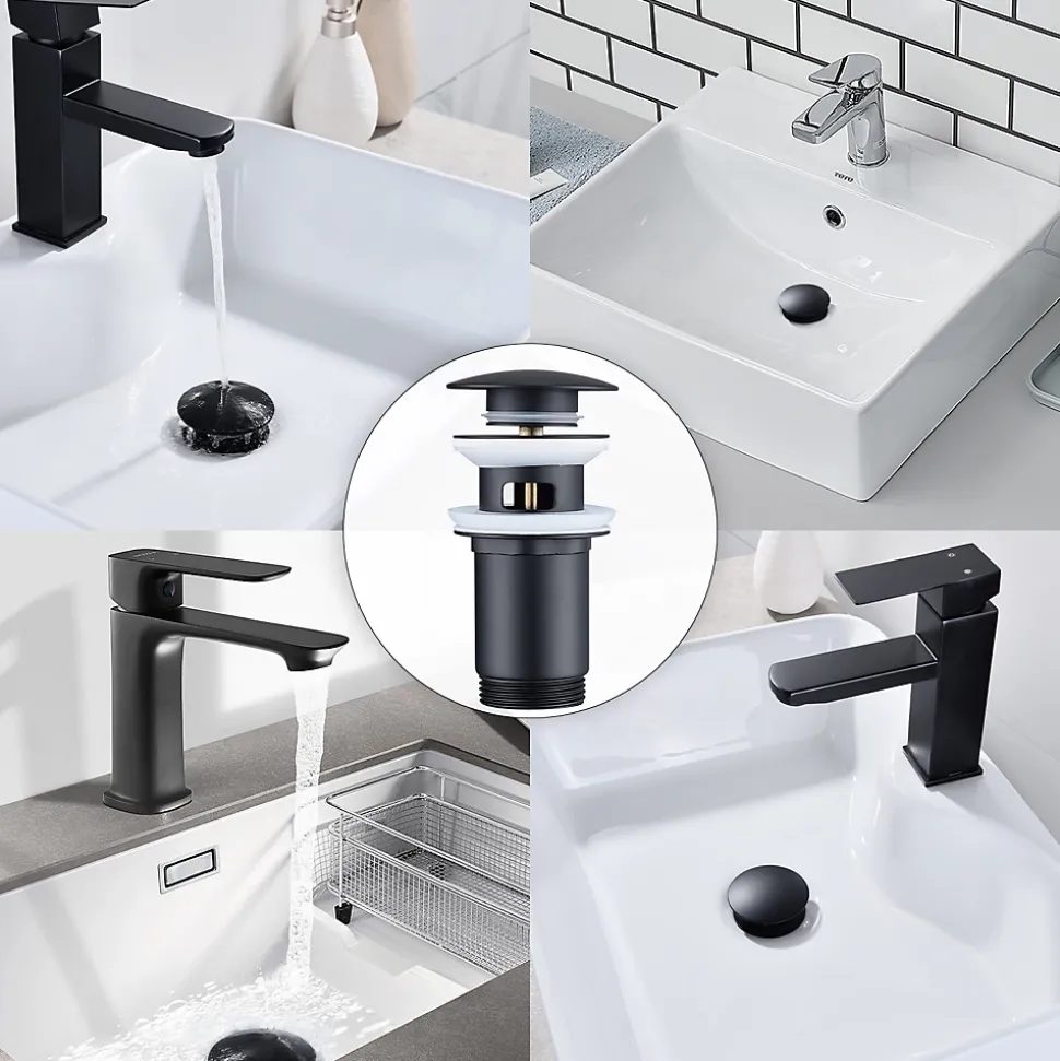 Siphon noir à clapet avec trop-plein, adapté aux lavabos et éviers