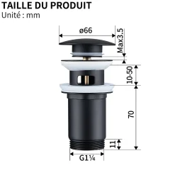 Siphon noir à clapet avec trop-plein, adapté aux lavabos et éviers