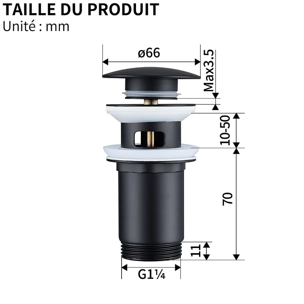 Siphon noir à clapet avec trop-plein, adapté aux lavabos et éviers