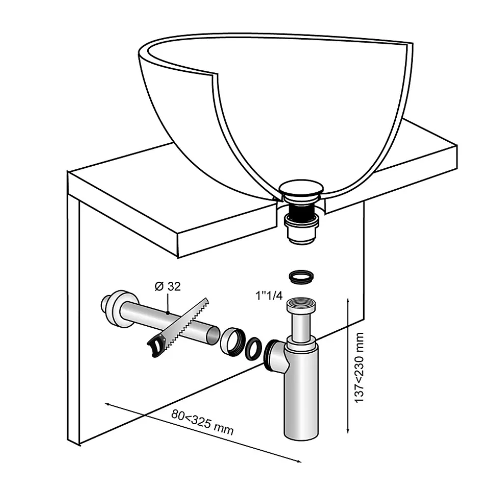 Siphon réglable chromé 32mm avec tuyau Wirquin