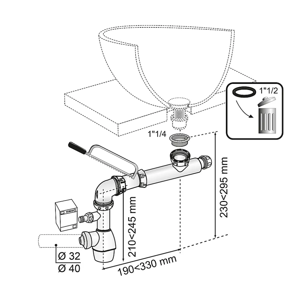 Siphon universel tout-en-un Wirquin réglable en hauteur de 165 à 200 mm