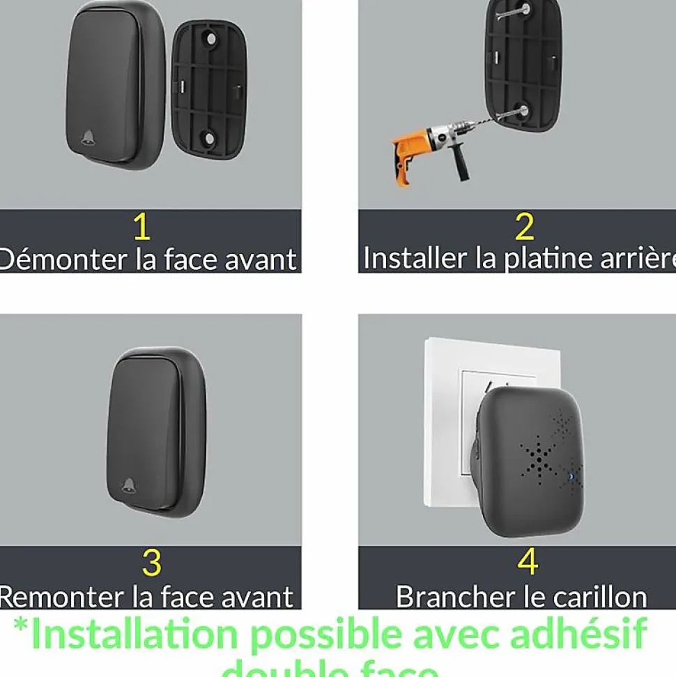 Sonnette d'extérieur sans fil sans batterie, étanche IP 68, humidité de la neige et de la pluie, noir