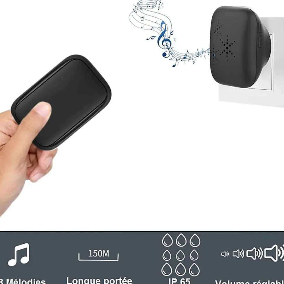 Sonnette d'extérieur sans fil sans batterie, étanche IP 68, humidité de la neige et de la pluie, noir