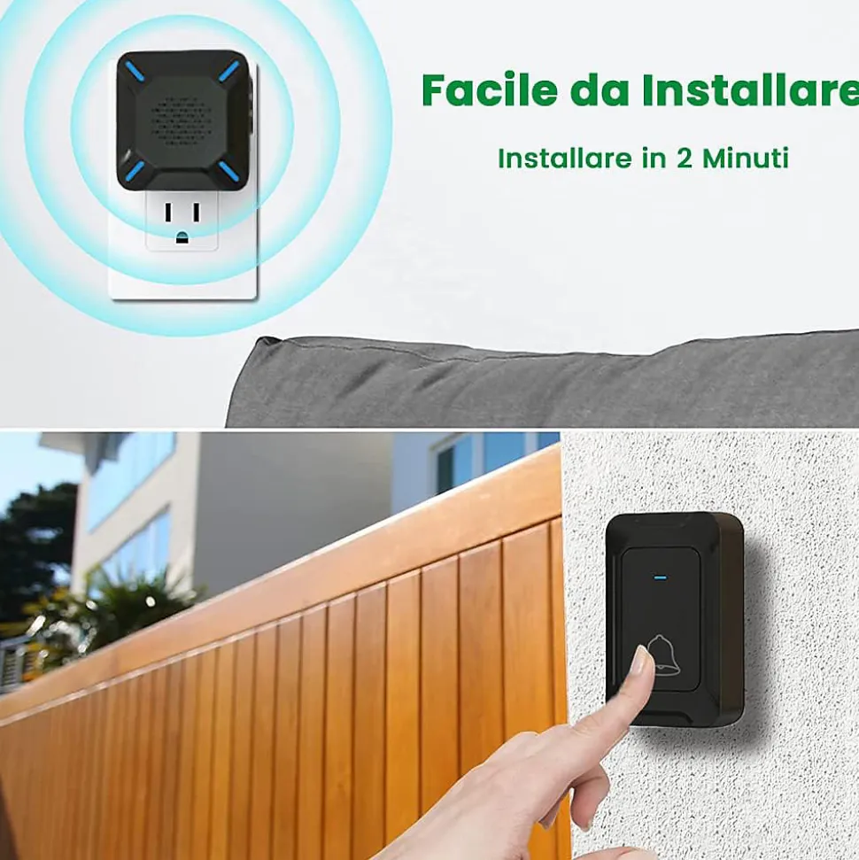 Sonnette extérieure sans fil étanche, voyant LED, portée 300 m, volume réglable sur 5 niveaux, 58 sonneries (noir)