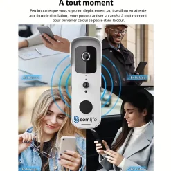 Sonnette portier HD SomLife app tuya smart life autonome sans fils alerte direct smartphone, vision nocture carillon fourni