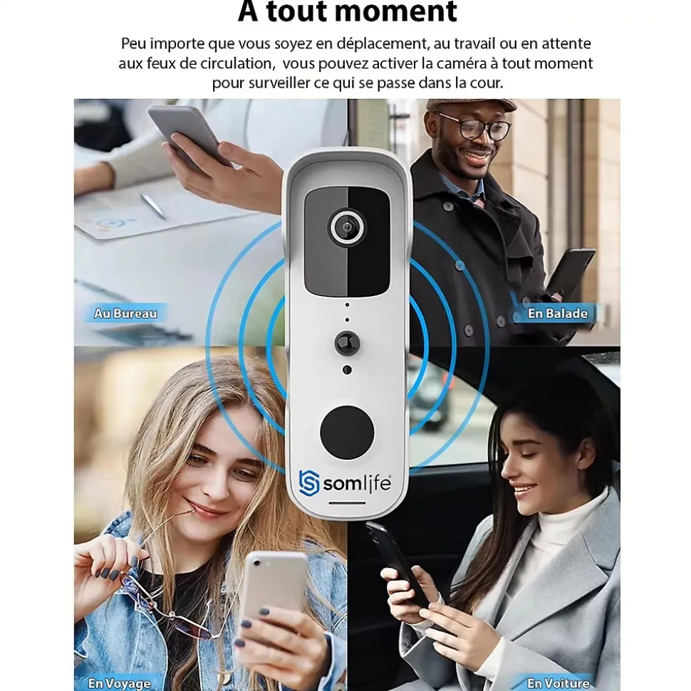 Sonnette portier HD SomLife app tuya smart life autonome sans fils alerte direct smartphone, vision nocture carillon fourni
