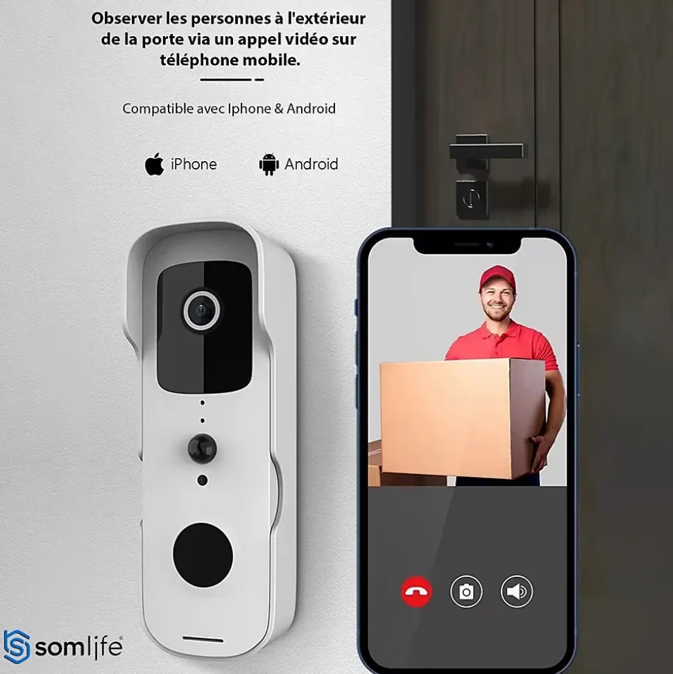Sonnette portier HD SomLife app tuya smart life autonome sans fils alerte direct smartphone, vision nocture carillon fourni