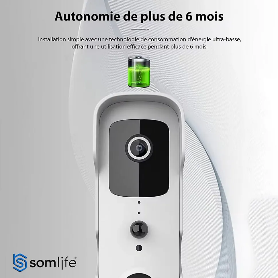 Sonnette portier HD SomLife app tuya smart life autonome sans fils alerte direct smartphone, vision nocture carillon fourni