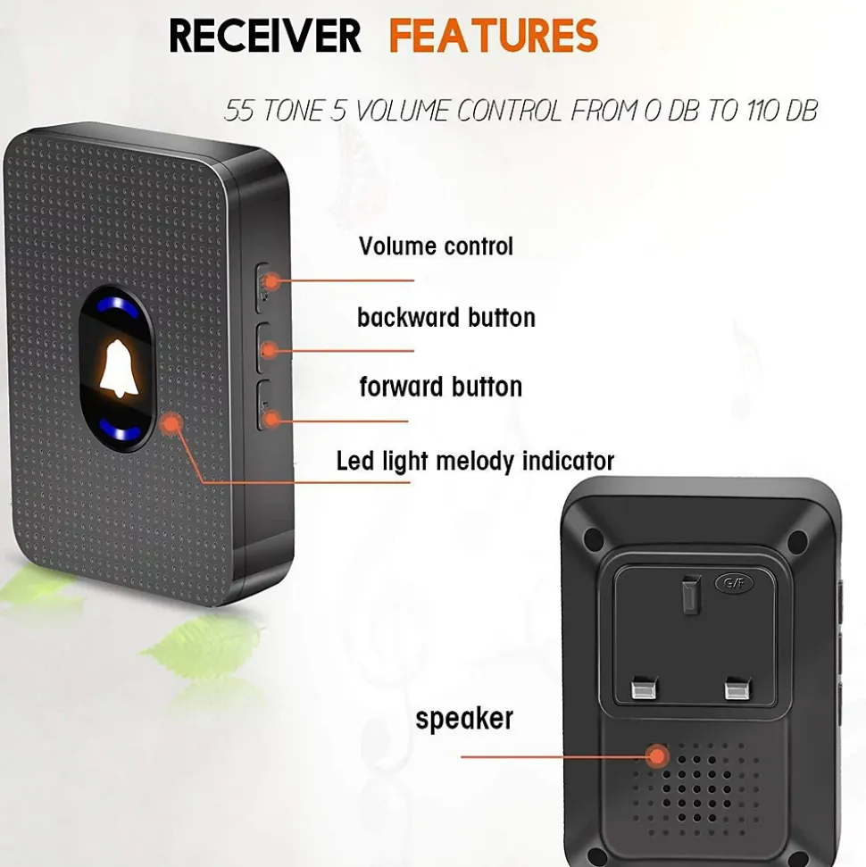 Sonnette sans Fil Exterieur Etanche, 300M Sonnette de Porte IP55 Étanche Carillon Electronique,55 Mélodies, 5 Niveaux Volumes, LED