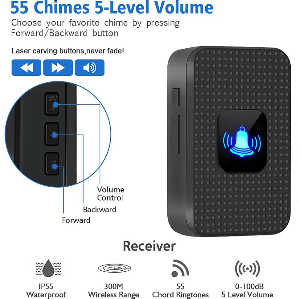 Sonnette sans fil, sonnette électronique d'extérieur étanche IP55, portée 300 m, 38 mélodies, 5 niveaux de volume, noire