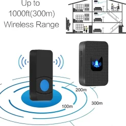 Sonnette sans fil, sonnette électronique d'extérieur étanche IP55, portée 300 m, 38 mélodies, 5 niveaux de volume, noire