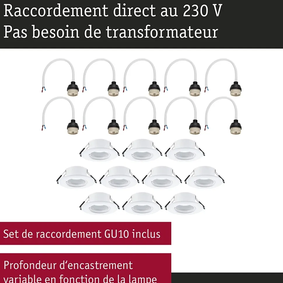 Spot encastré Kit de 10 fixe rond 90mm GU10 max. 10x10W 230V gradable Blanc