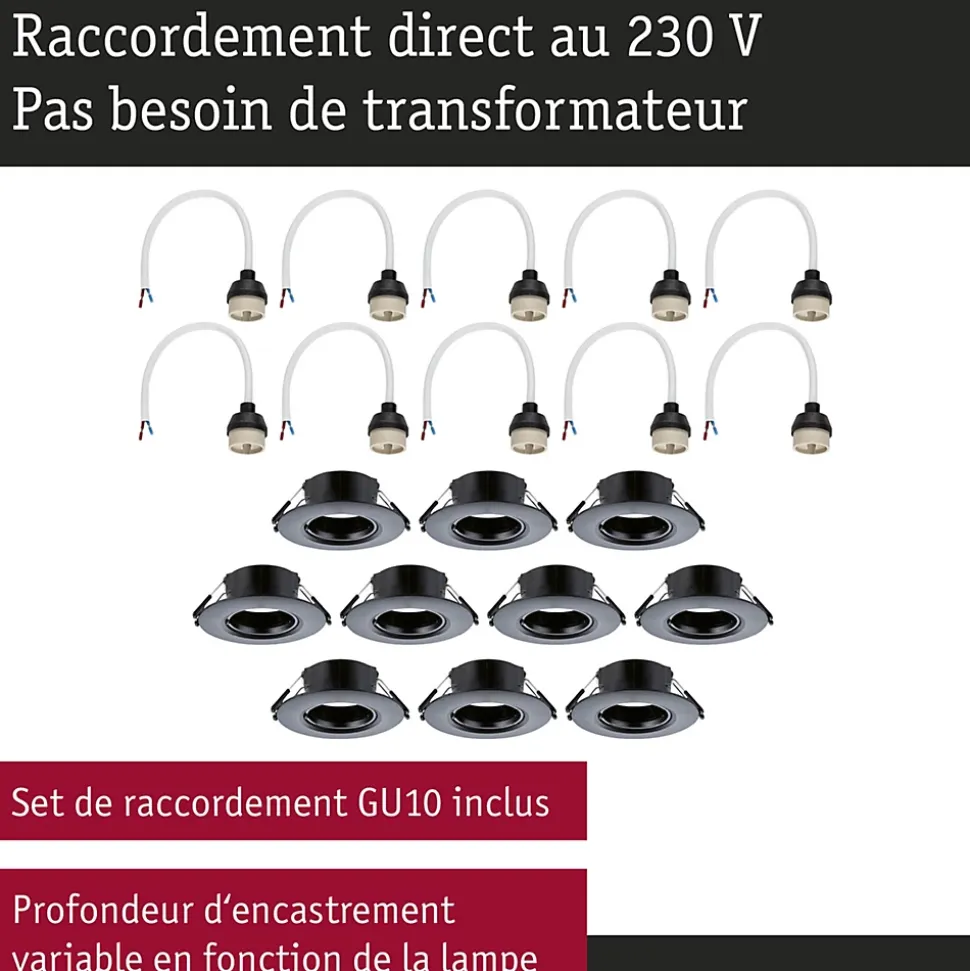 Spot encastré Kit de 10 fixe rond 90mm GU10 max. 10x10W 230V gradable Noir