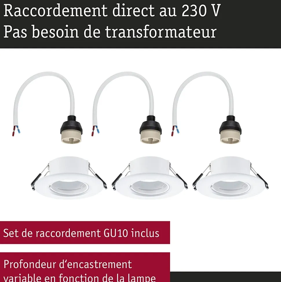 Spot encastré Kit de 3 fixe rond 90mm GU10 max. 3x10W 230V gradable Blanc