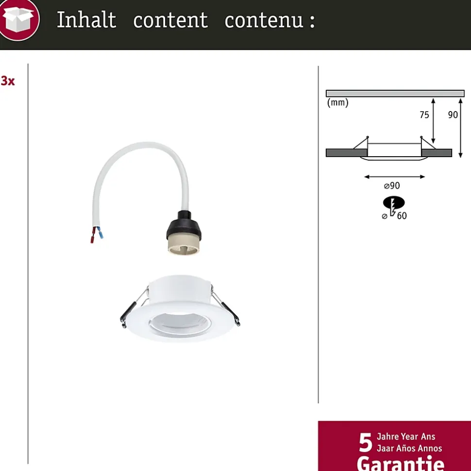 Spot encastré Kit de 3 fixe rond 90mm GU10 max. 3x10W 230V gradable Blanc