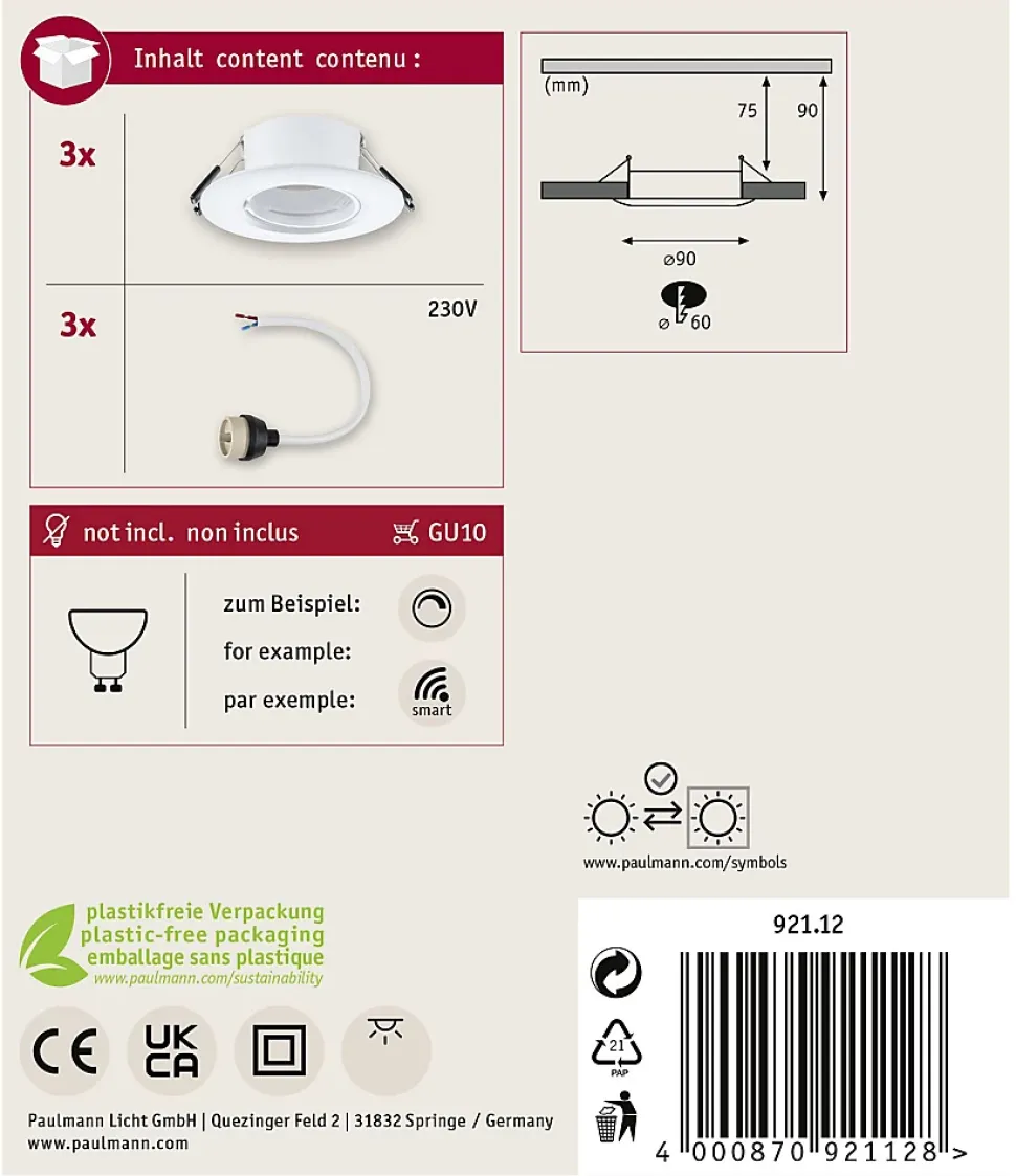 Spot encastré Kit de 3 fixe rond 90mm GU10 max. 3x10W 230V gradable Blanc