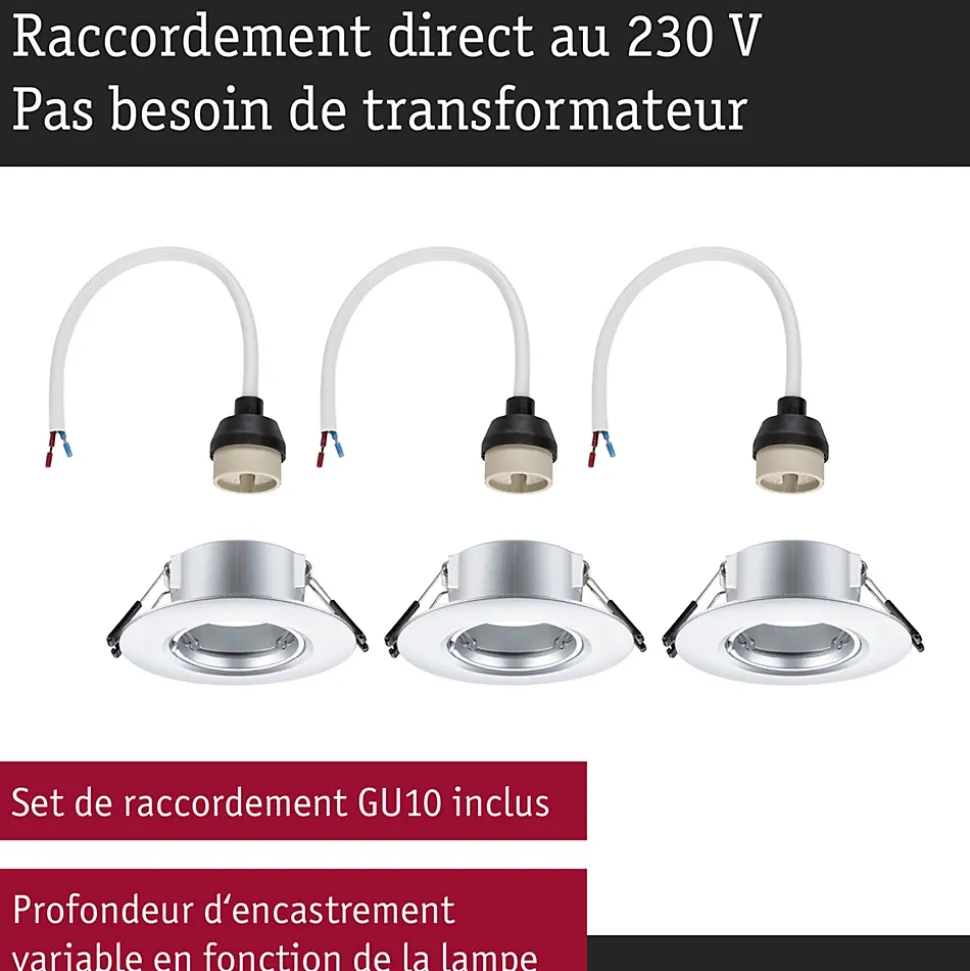 Spot encastré Kit de 3 fixe rond 90mm GU10 max. 3x10W 230V gradable Chrome mat