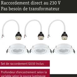 Spot encastré Kit de 3 orientable rond 90mm 30 GU10 max. 3x10W 230V gradable Blanc