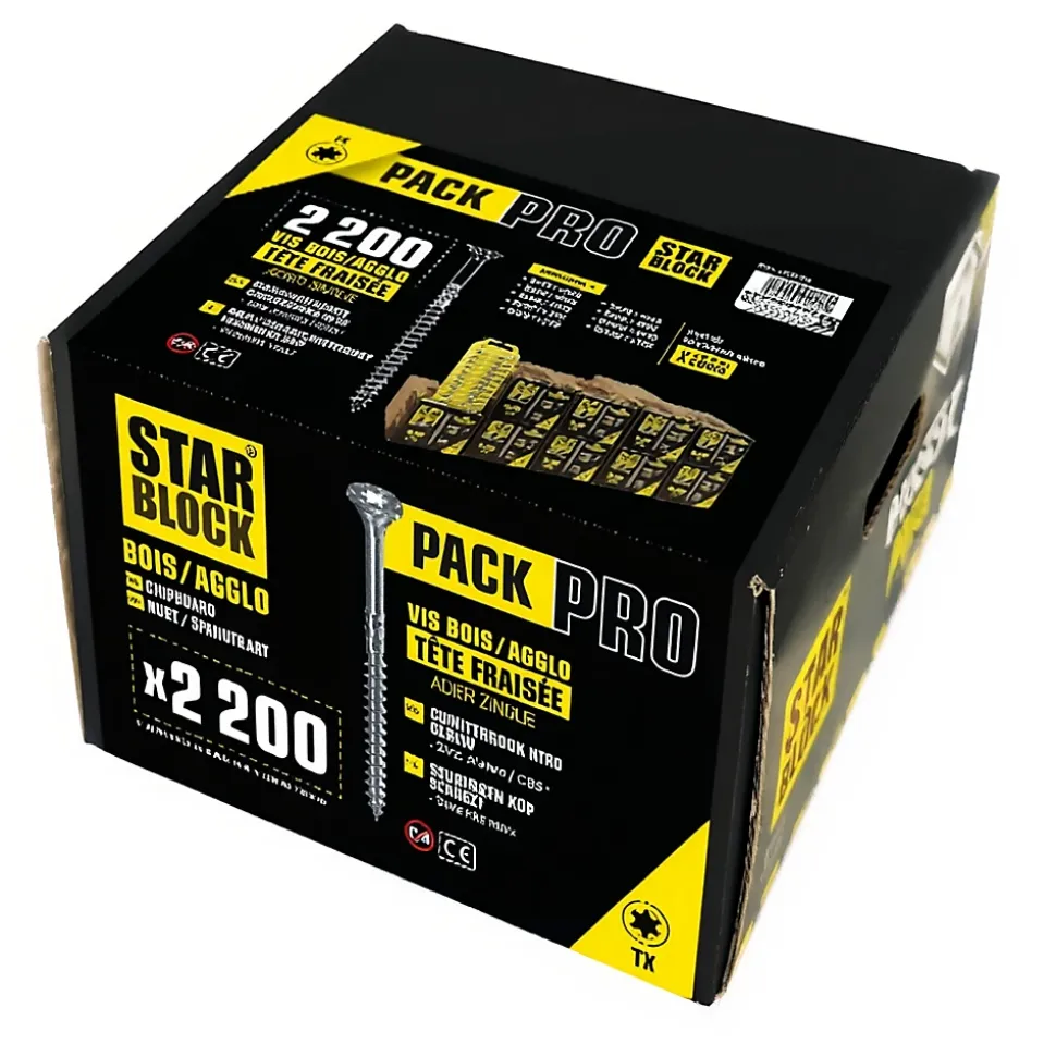 STARBLOCK Coffret de vis Pack Pro 2 200 vis Bois Aggloméré Tête fraisée Torx 9 tailles 1 Porte embouts mousqueton 50 mm