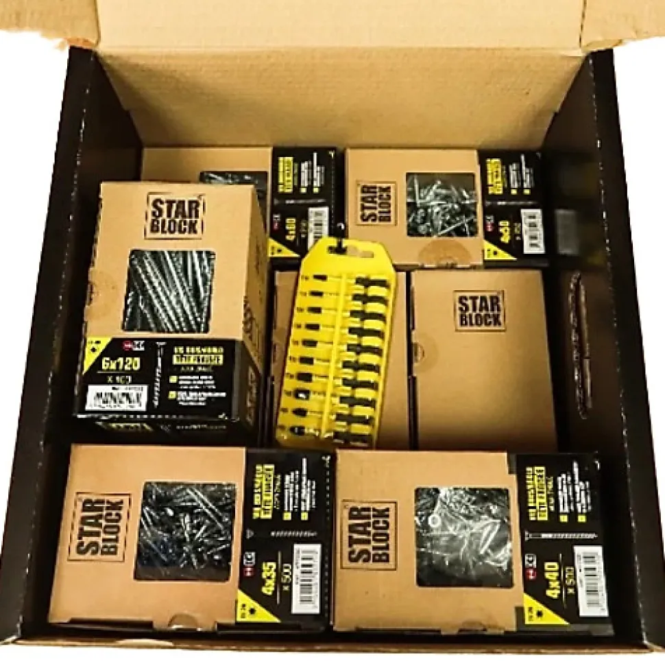 STARBLOCK Coffret de vis Pack Pro 2 200 vis Bois Aggloméré Tête fraisée Torx 9 tailles 1 Porte embouts mousqueton 50 mm