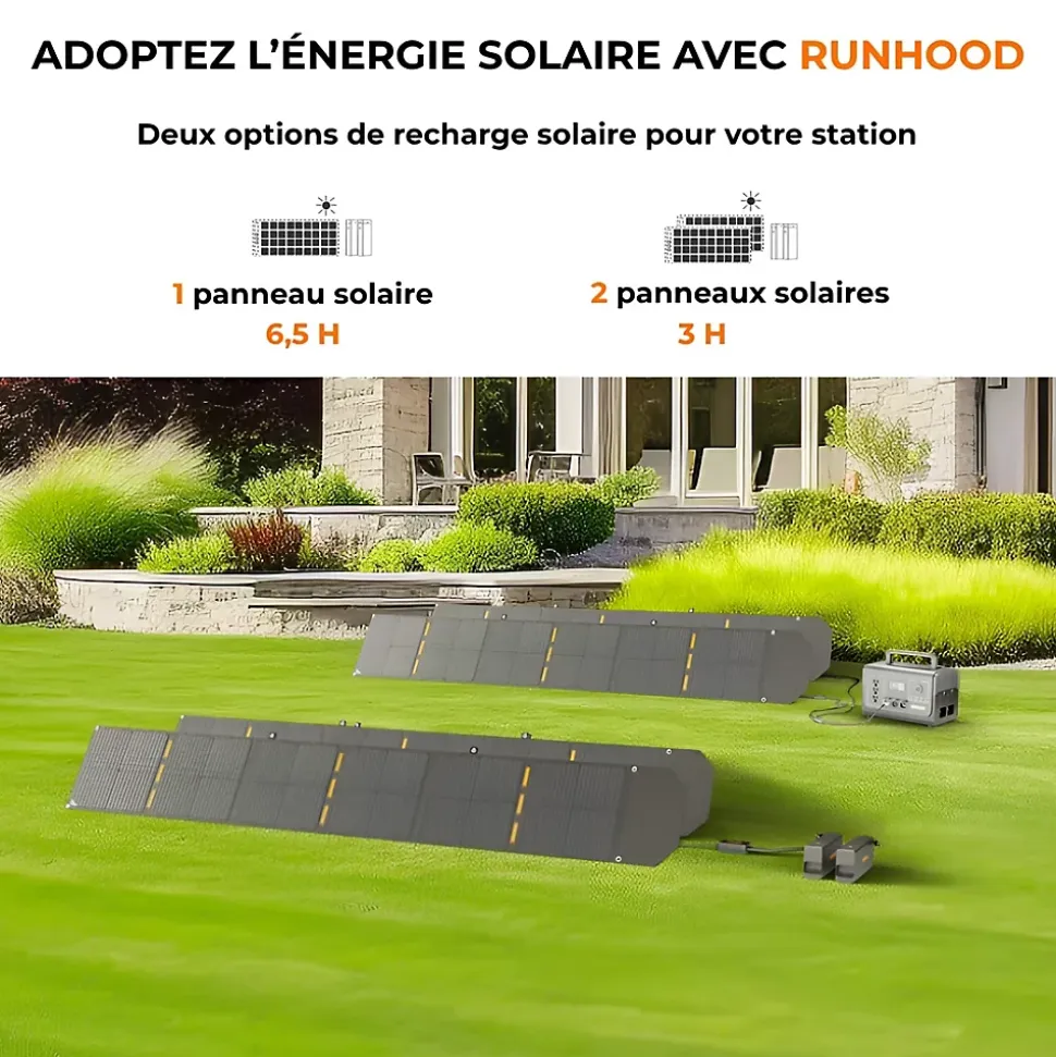 Station d'Energie RUNHOOD HE1200 - 1200 W Sinus Pur - 4 EB324 - 648 Wh - Recharge Solaire et AC - Modulaire et Echange a Chaud