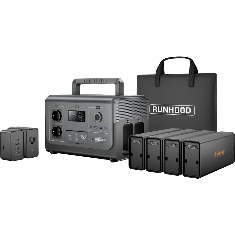 Station d'Energie RUNHOOD HE1200 - 1200 W Sinus Pur - 4 EB324 - 648 Wh - Recharge Solaire et AC - Modulaire et Echange a Chaud